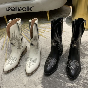 melhor Botas De Vaqueiro Bordadas Sapatos De Inverno Das Mulheres Bloco De Madeira Salto Feminino Tornozelo Botas Apontou Toe Luxo Estilo Gótico 2020 Moda Nova