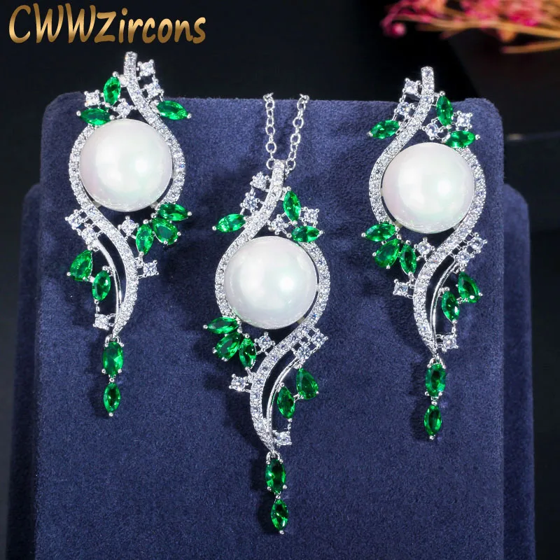 CWWZircons элегантный дизайн зеленый кубический цирконий Кристалл Длинные жемчужные висячие серьги ожерелье Винтаж набор украшений для женщин T379