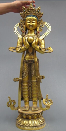 Tibet Refined Bronze Gilt Stand Kwan-Yin guanyin Bodhisattva Buddha statue |