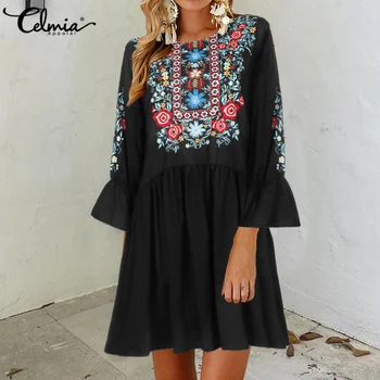 

Celmia 2020 Summer Women Fashion Pleated Shirt Dress Casual Floral Printed Loose Flare Sleeve Mini Dress Oversized Vestidos Tops