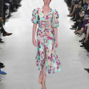 

Europe Fashion Runway Summer Dresses for Women 2020 Elegant Lady V Neck Short Sleeve Print Floral Print Mid Calf Holiday Dress
