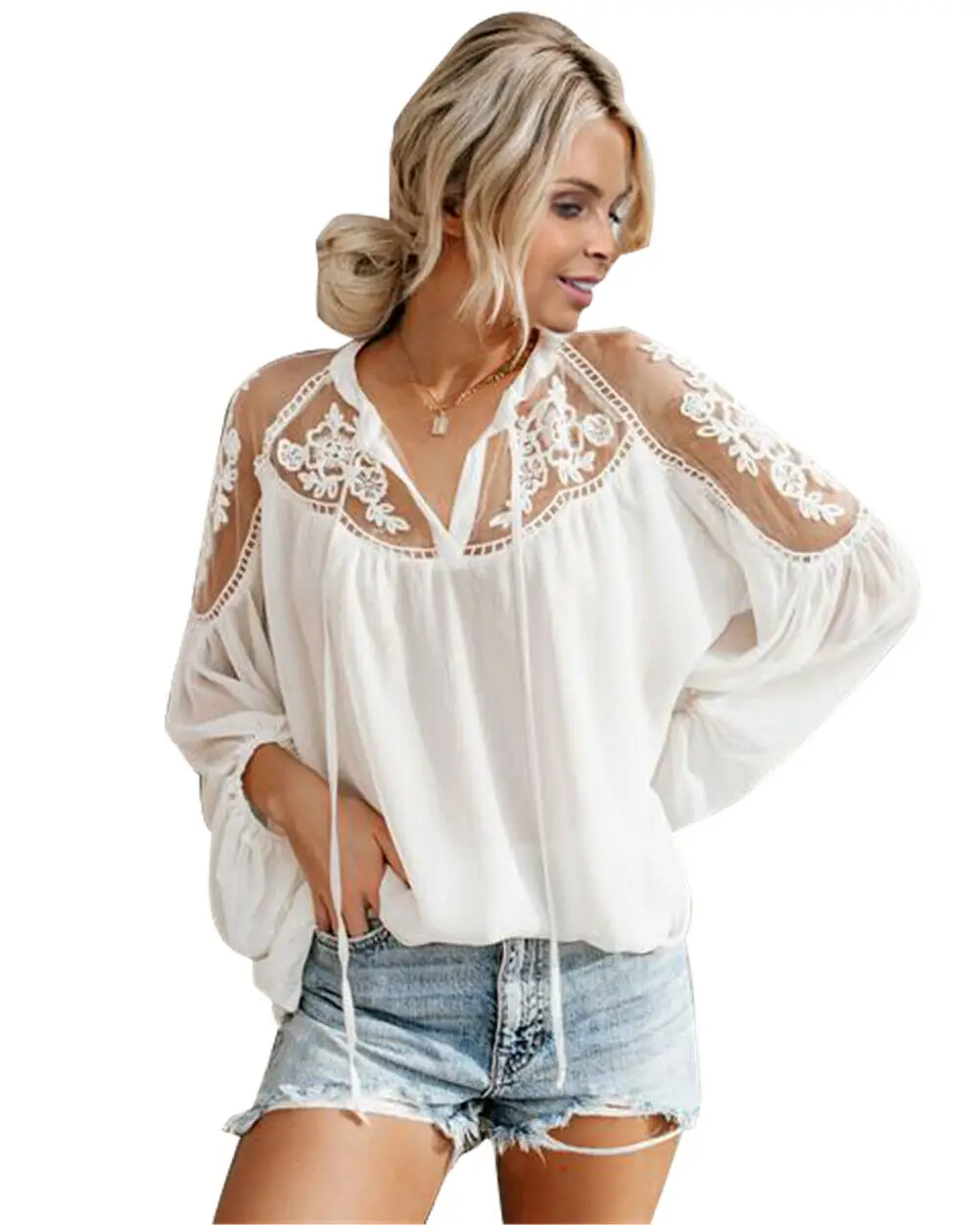 

Fashion Women Ladies SolID Lace Chiffon Summer Perspective Casual T shirt Long Sleeve Summer Autumn Tops