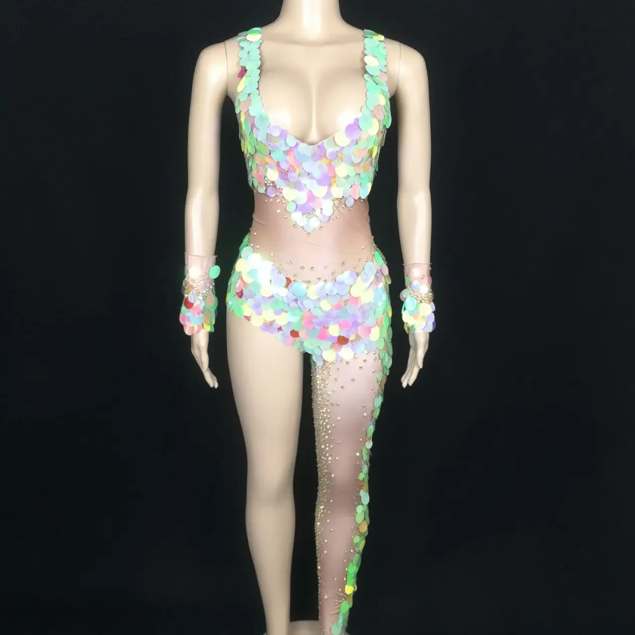 

Colorful Rhinestones Sale Sequins Jumpsuit Single Leg Mirror Leotard DJ Nightclub Women Dancer Singer Performance Stage Costume