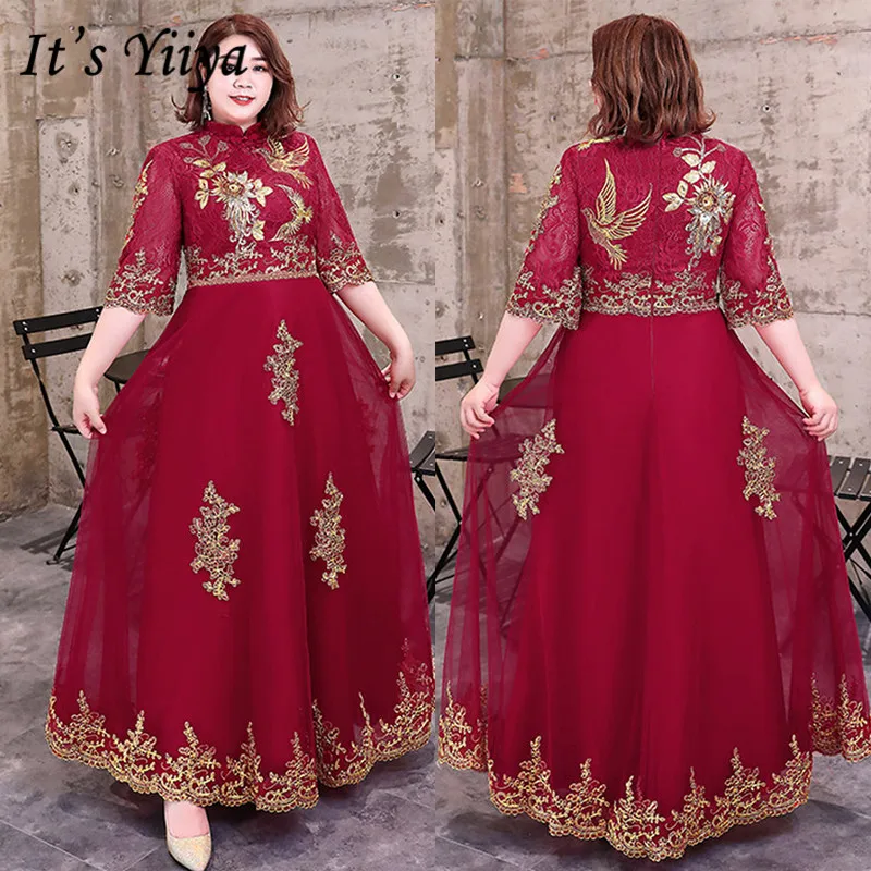 

It's Yiiya Evening Dress A-Line Crepe Plus Size Lace Evening Dress 2020 DX007 Embroidery High Collar Women Party Dresses