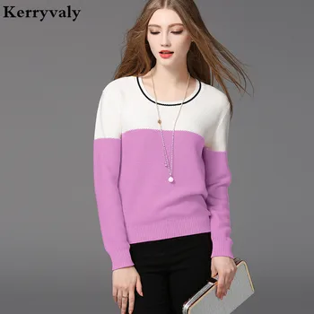 

Spring Pullover Thick Loose Knitted Sweater Women Contrasting Color Round Neck Long-Sleeve Knitwear Sueter Mujer Invierno 2020