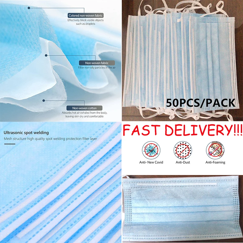 

50Pcs/Pack Face Mask Mouth Mask Disposable Facial Protective Cover Mask 3 Filter Earloop Activated Carb Hypoallerge
