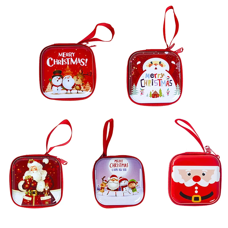 

1PCS Cartoon Tinplate Christmas Gift Box Key Headset Storage Bag Santa Snowman Elk Gift Bag Children Xmas Gift Coin Purse