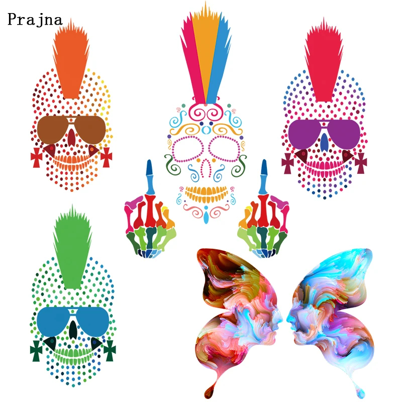 Prajna Skull Green Color Patches The Skeleton Fingers Transfer Stripes Punk Cartoon Ironing Thermal Stickers Printed Accessory F | Дом и сад