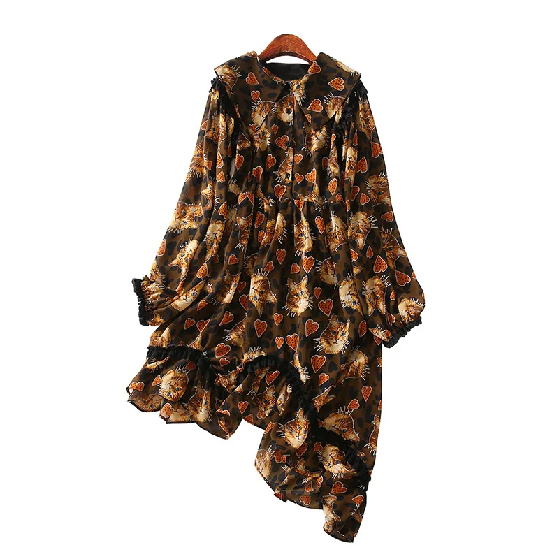

A Generation of Younger Fashion Versatile Cat Printed Irregular Hem Peter Pan Collar Dress Women's Entity