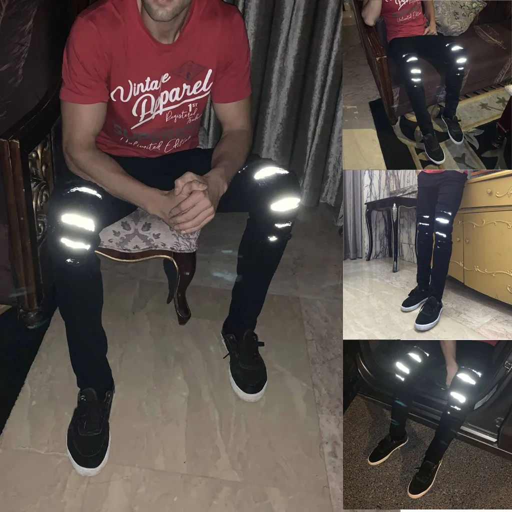 SAGACE Cool boy мужские рваные Светоотражающие джинсовые брюки уличная одежда, модные удобные, эластичные хорошие повседневные мужские брюки