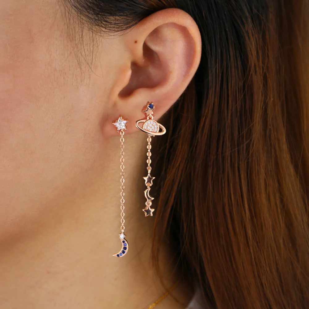 

New arrived tiny link chain dangle Moon star Earrings For Girl Star Pendant earring with Asymmetry stone tassel Earrings