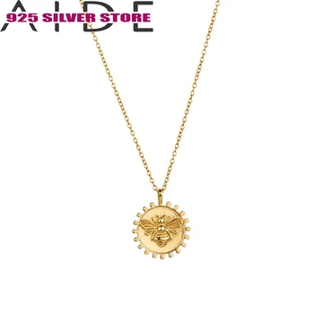 

Aide 925 Sterling Silver Pendant Necklace Round Bee Snake Emboss Clavicle Necklace For Women Fine Jewelry naszyjnik colares W5