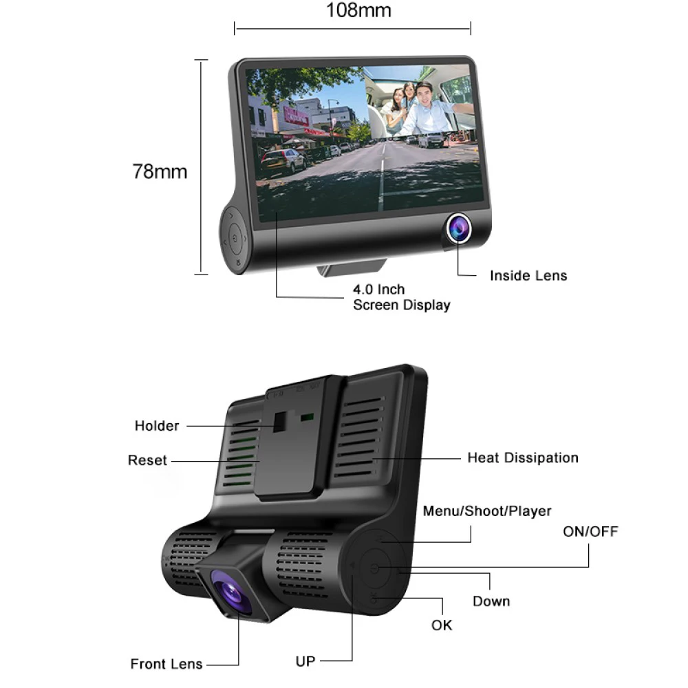 Автомобильный видеорегистратор с 3 объективами s видеорегистратор 4,0 дюймов видеорегистратор с двумя объективами с камерой заднего вида видеорегистратор/видеорегистратор