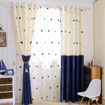 

Blue Star Curtains for Bed Room Delicate Embroidery Stitch Fabric Pastoral Rural Pattern Window Treatment Drapes JS148C