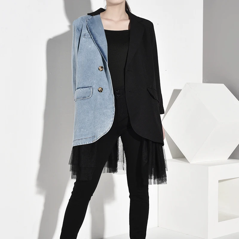 LANMREM новая весенняя и летняя модная женская одежда сезонная джинсовая Лоскутная куртка с отложным воротником и длинными рукавами WF7180