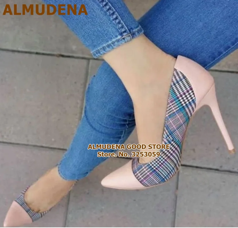 ALMUDENA Elegant Plaid Cloth Patchwork High Heels Pointed Toe Slip on