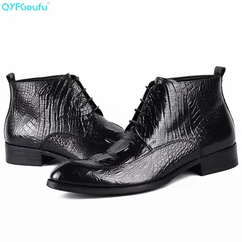 

QYFCIOUFU 2019 Lace Up Booties Ankle Boots Men Genuine Cow Leather Mens Alligator Skin Boots High Quality Fashion Boot Man Shoes
