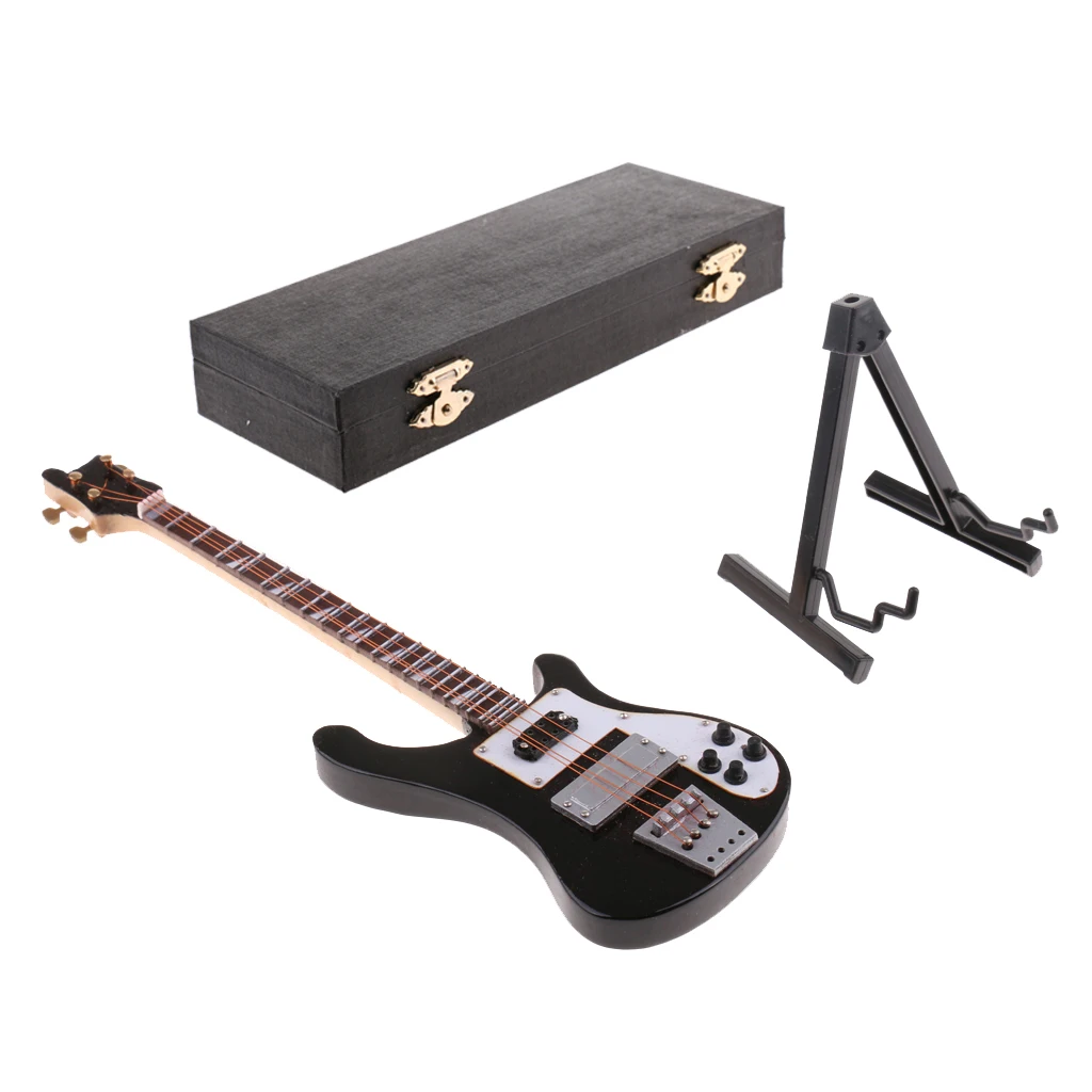 Handmade Mini Wooden Electric Bass Model with Stand for 1/6 Action Figures Hot Toys 12inch Dolls Accessories