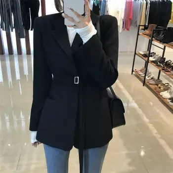 

Vintage Single Breasted Solid Women Blazer Female Office Retro Belt Pockets Jackets Women Long Sleeve Blazers Outerwear