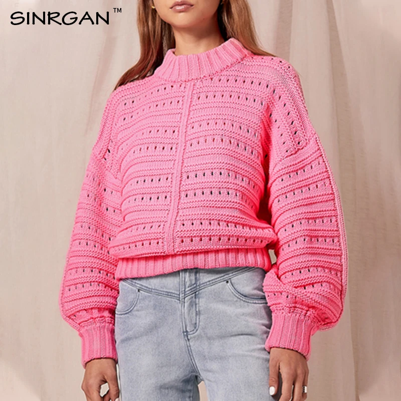 

SINRGAN PinkFull Sleeve Women Knit Sweaters Solid Pullover Ladies Casual Fall Tops Jumper 2019 Autumn Winter