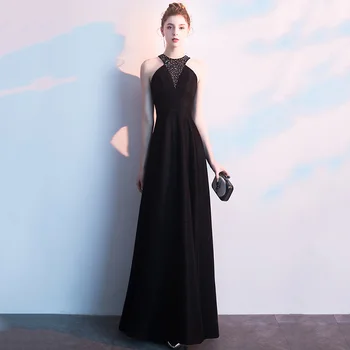 

Exquisite Bling Rhinestone Formal Party Dress Women Lady Qipao Sexy Backless Halter Vestidos Elegant Solid Black Robe De Soiree