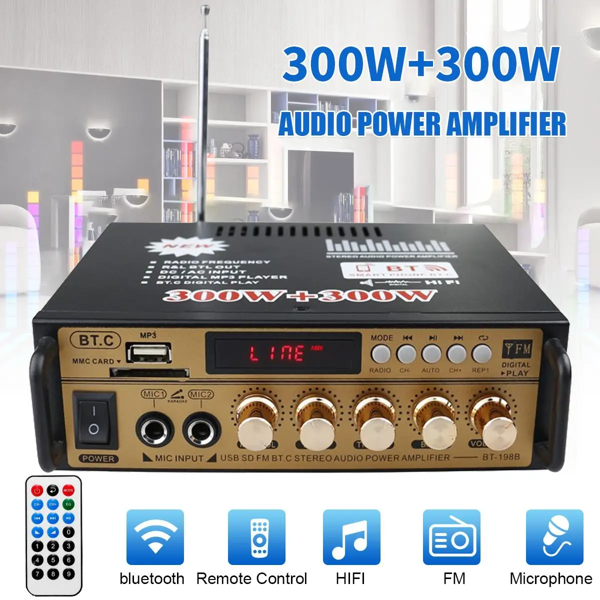 US $27.82 300W300W 2Channel Bluetooth Audio Power Amplifier Home Theater Amplifiers Amplificador Audio Hifi With Remote Control SD FM USB