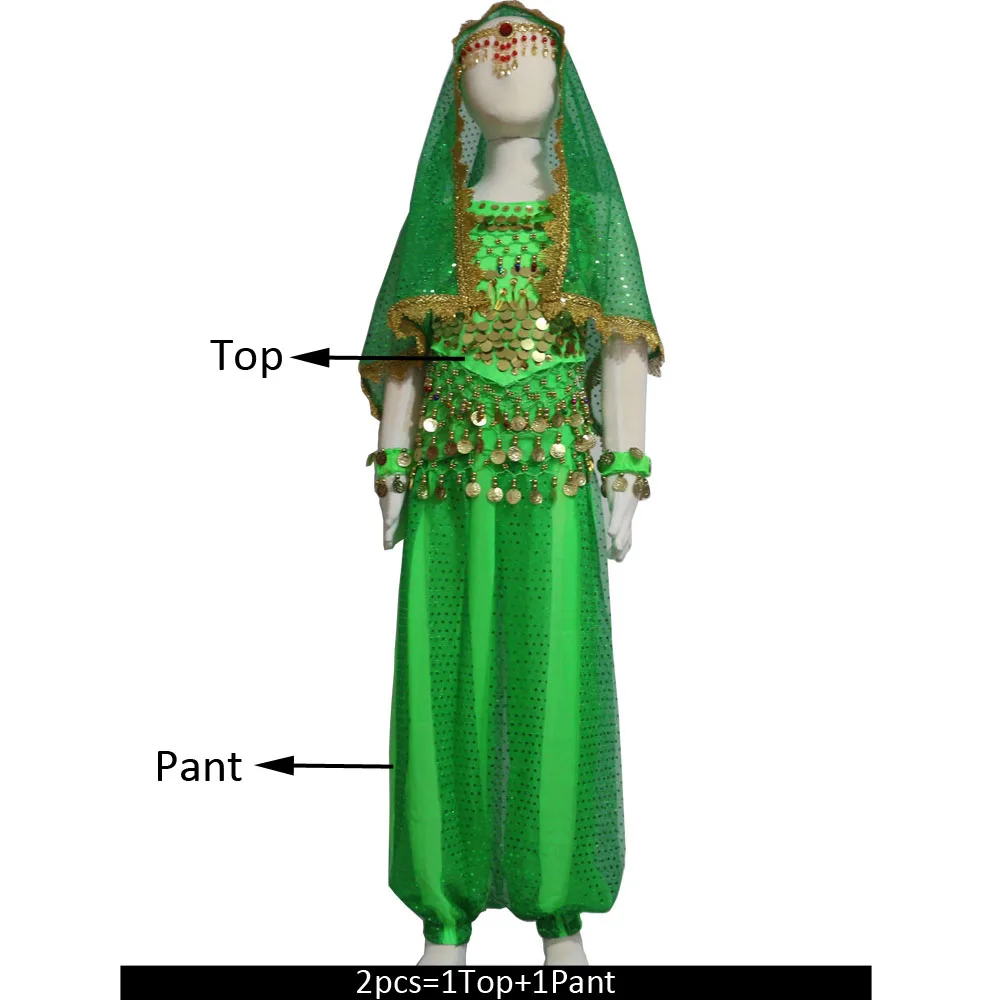 Детский набор костюма для танца живота Восточные Танцевальные костюмы для девочек Египетский Болливуд индийский танец живота одежда Индия 8 цветов - Цвет: Green 2pcs
