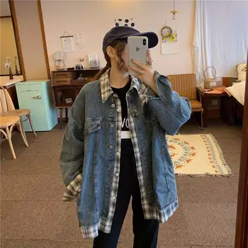 

Cowboys Women in jackets Early autumn New chic loose bf medium and long Splice Lattice Two fake pieces Long sleeves cardigan A