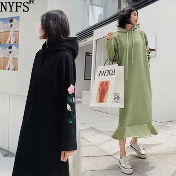 

NYFS 2020 New Autumn Winter women fleece Hoodies Sweatshirts Long slit Loose Ruffled fishtail embroidered Warm Coat