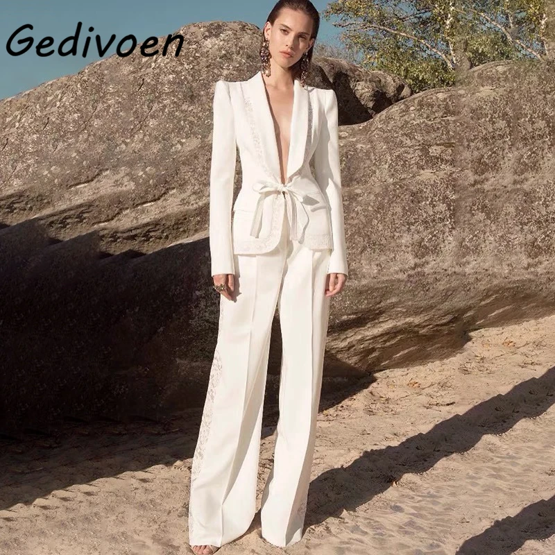 購入格安店舗 Gedivoen 女性のツーピースセット 白い長袖レースアップブレザー コート 分割された中空パンツ 春と秋 安い売れ筋 Encantosbg Cl