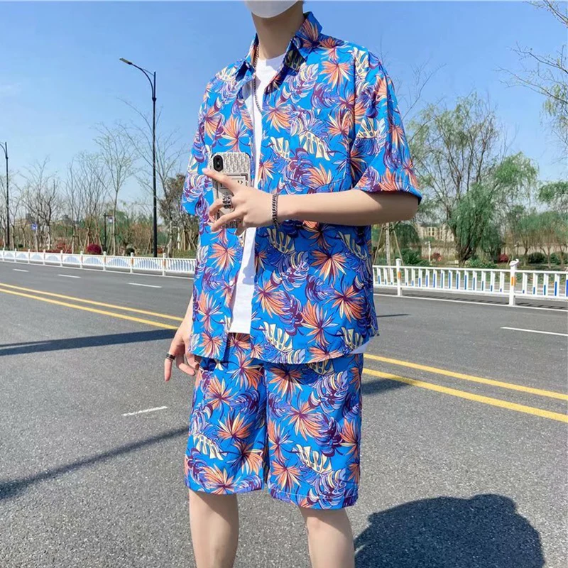 Fashion Men's Summer Short Sleeve Hawaii Short Sleeve Button Down Tropical Floral Printed Shirt Tops+ Shorts Sets Clothes 2pcs