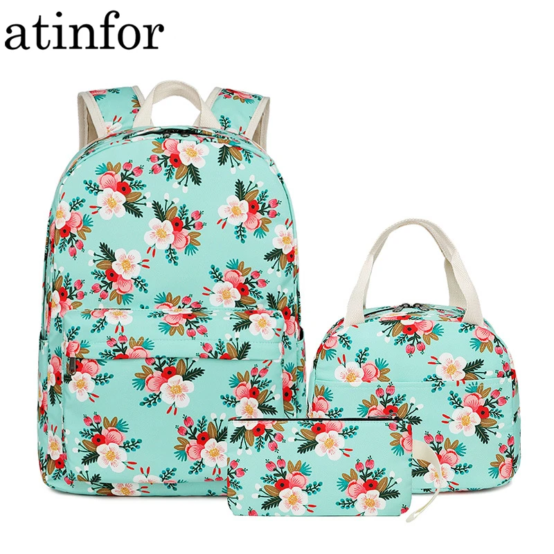 

atinfor Brand 3pcs/set Waterproof Printing Women Computer Backpack for Teenagers Girls Student Bookbag with Lunch Box
