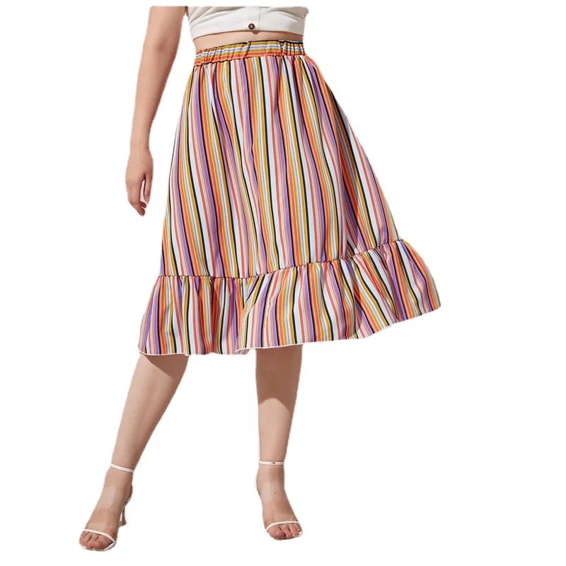 

Color Stripes High Waist Skirts Women Ruffled Hem 2XL To 7XL Oversized Summer Skirt Casual Midi Robes T2541