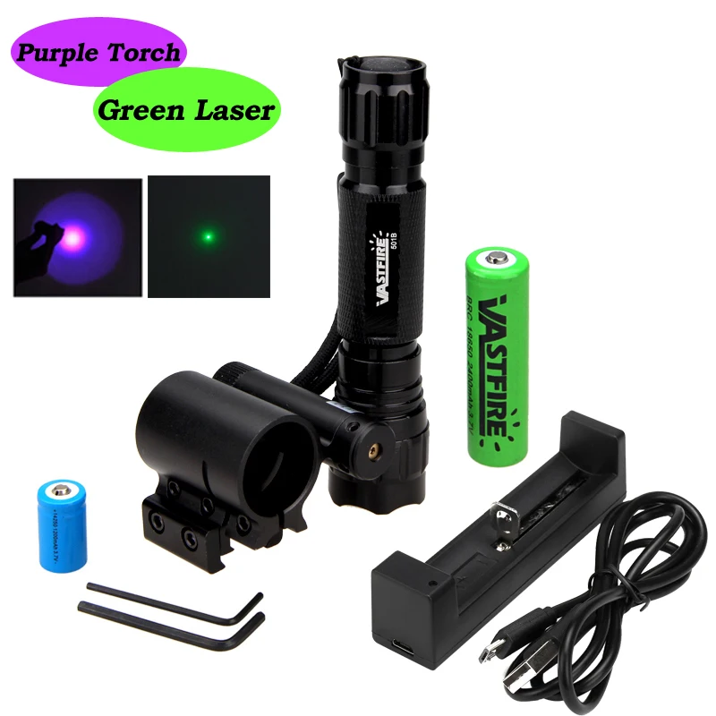 

501B Airsoft Linterna XPE Purple Weapon Light Hunting Rifle Flashlight+20mm Rail Mount Green Laser Pen Dot+18650+CR2+Charger