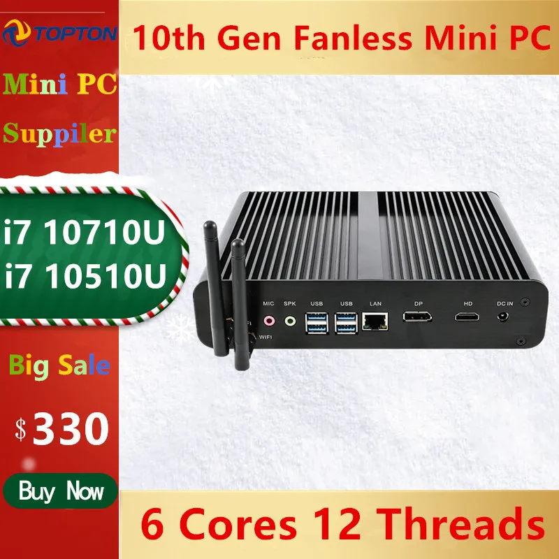 Topton-Mini ordenador de sobremesa Mini PC Intel i7 10710U 10510U Sin ventilador, Windows 10 DDR4 M.2 NVMe + Msata + 2,5 SATA 4K HTPC Nettop HDMI