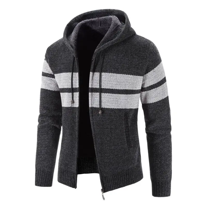 Cardigan Men Hooded Fleece Sweater Outwear Winter Warm Sweatercoat Men Casual Stripe Hooded Cardigan Mens Knitted Sweater Coats