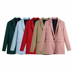 Za 2021 primavera feminino sólido casaco de um botão escritório midi blazer entalhado colarinho ternos jaqueta bolso solto decoração outerwear