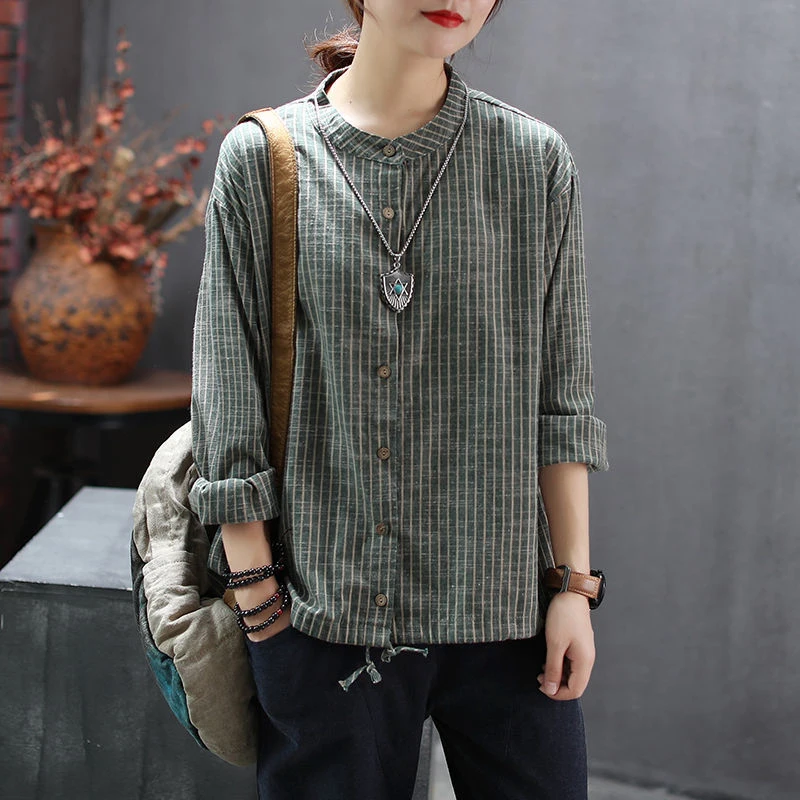  Autumn Arts Style Women Long Sleeve Loose Striped Shirts Stand Collar Vintage Cotton Linen Blouse P