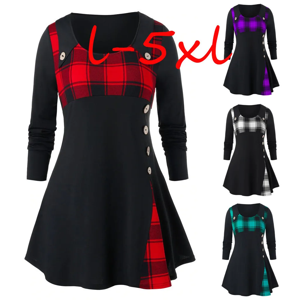 2021 De talla grande De blusa De las mujeres del O-Cuello De manga larga Pliad túnica impresión camisas botón Pachwork Tops blusa Blusas De Mujer De Moda