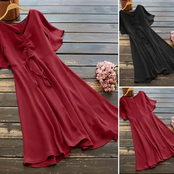 

ZANZEA Women Strappy Dress 2020 Vintage Flare Half Sleeve Summer Sundress Female Casual Back Zipper Up Knee Length Vestidos 5XL