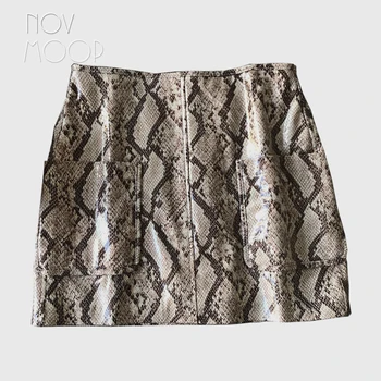 

Novmoop Gothic chic style A-shape high waist sheepskin genuine leather hip skirt with snakeskin strip falda mujer saia LT2865