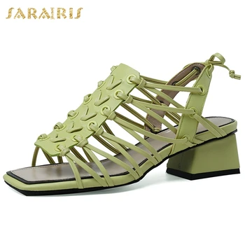 

Sarairis Top Quality Sale Luxury Design Chunky Heels Gladiator Genuine Leather Summer Sandals women's Shoes Woman