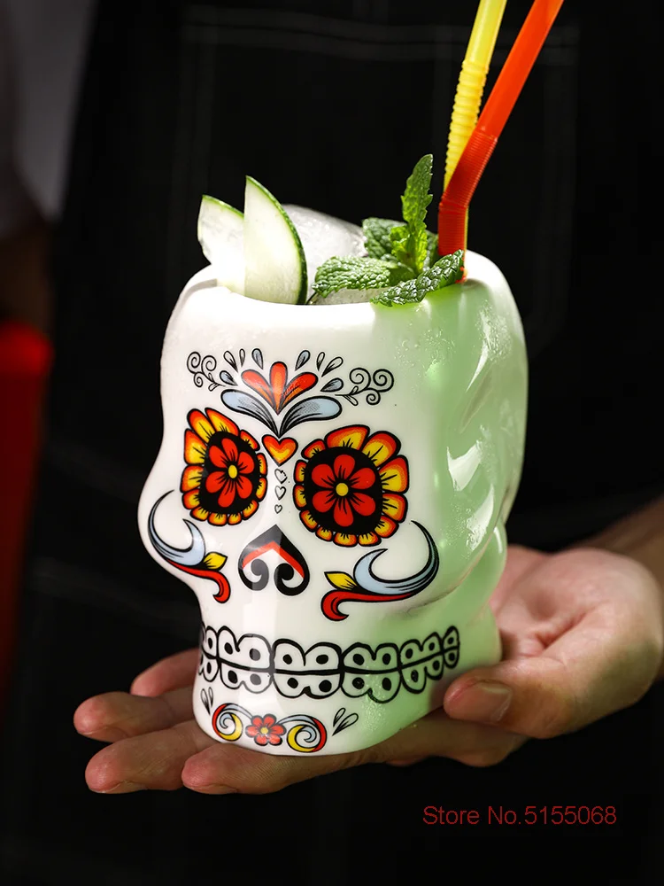 Cool Tattoo Face Skull DIY Blended Wine TIKI Mug Hawaii Bar Special Drinks Cocktail Glass Color Painted Ceramics Beach Party Cup
