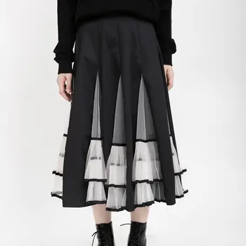 

Mesh Spliced Pleated Perspective Loose High Waist Half-body Skirt Black Women Fashion Tide New Spring Autumn