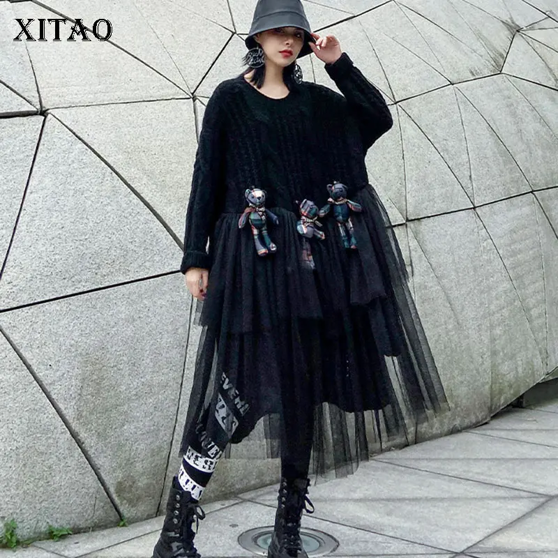 XITAO Сетчатое черное трикотажное платье Женская мода зима длинный рукав необычное лоскутное повседневное миноритарное платье пуловер XJ2770