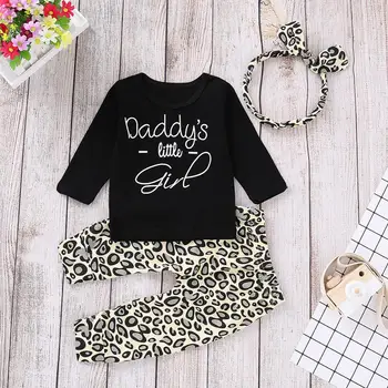 

2019 Autumn Baby Girls Daddy's Little Girls Printed t-shirt black + Leopard Pant + Headband 3PC Clothes set