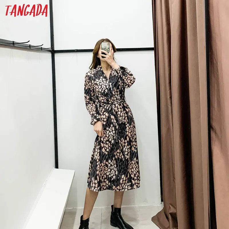 Tangada, модное женское элегантное шифоновое платье с цветочным принтом, с v-образным вырезом, с длинным рукавом, Дамское Платье миди, Vestidos XN200