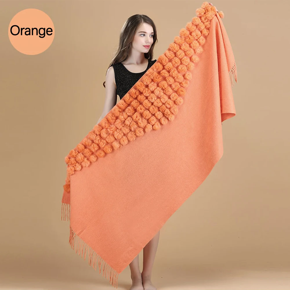 Orange Зимняя теплая Свадебная шерстяная шаль с кисточками для невесты, Женский плотный Одноцветный длинный шарф на каждый день, женские вечерние накидки из кроличьего меха(80% шерсть - Цвет: Orange