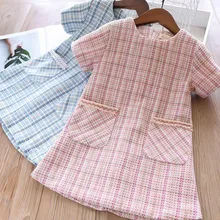 Осень, модные элегантные Детские платья с двойным карманом и короткими рукавами для девочек детские платья