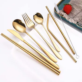 

304 Stainless Cutlery Set 8pcs/bag Gold Black Rainbow Outdoor Spoon Fork Knife Chopsticks Straw Travel Cutlery Set with Case